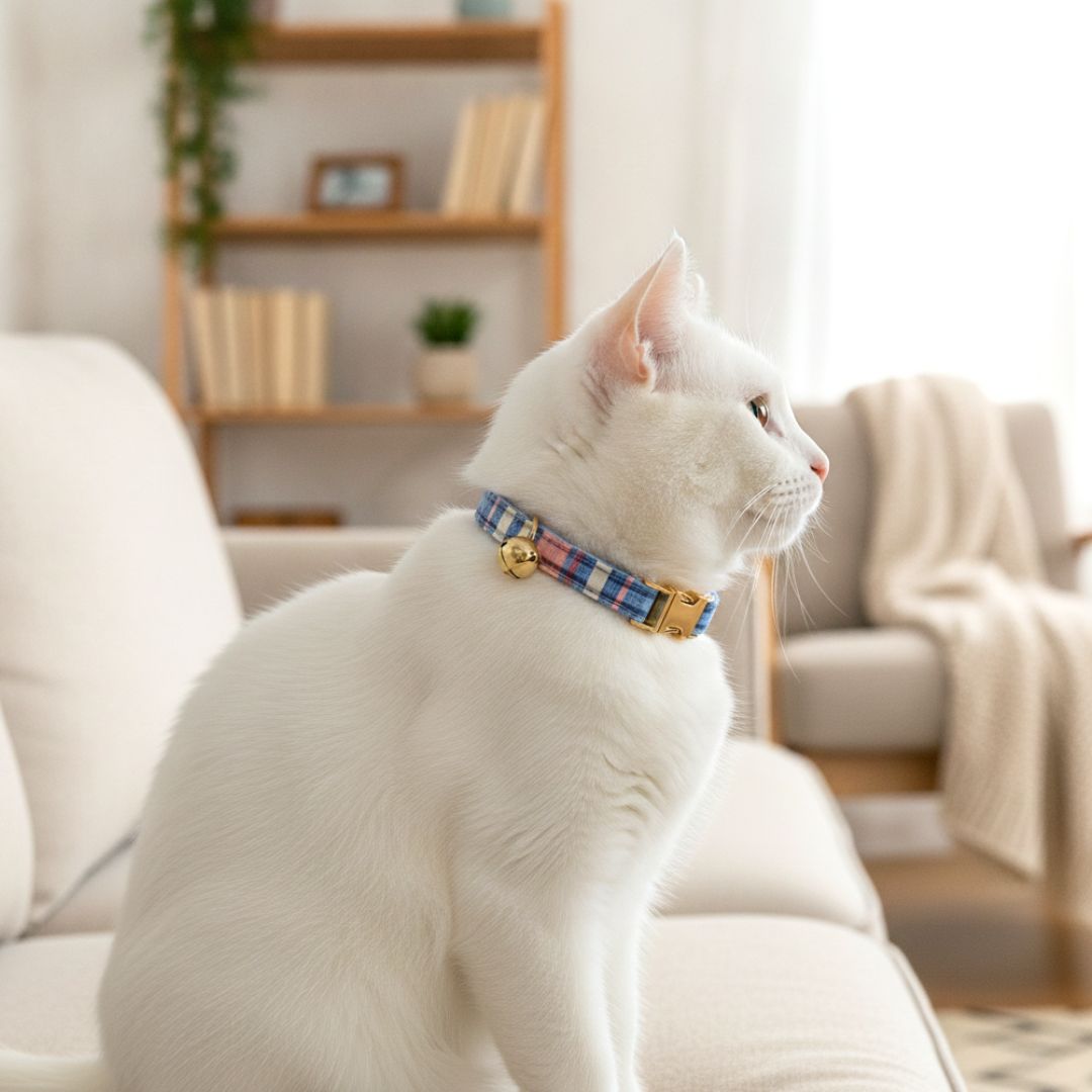 Blue checks Cat Collar with bell from Wags4Whiskers Pet Supplies India