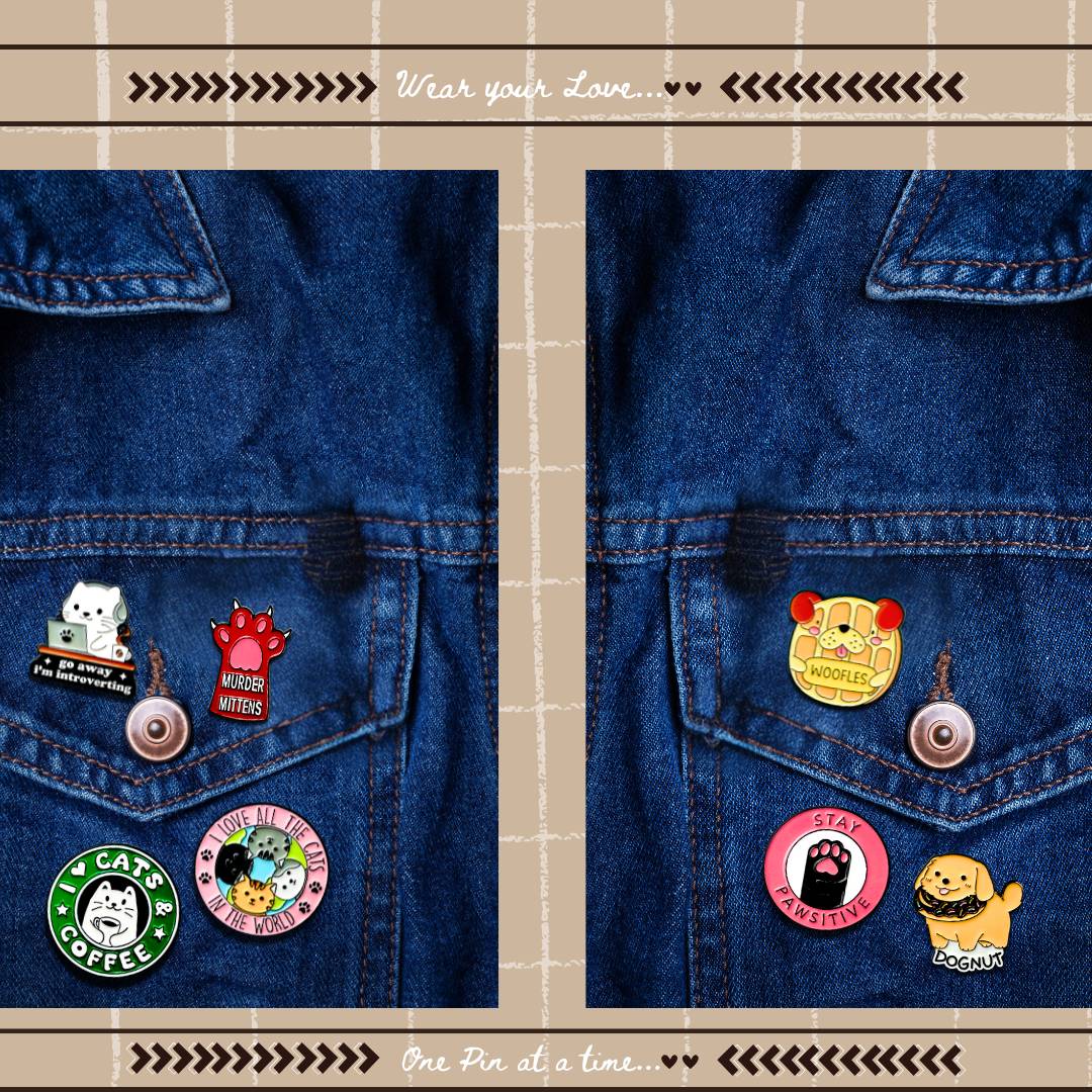 Pet-inspired enamel pins for denim jackets from Wags4Whiskers Pet Accessories Shop India
