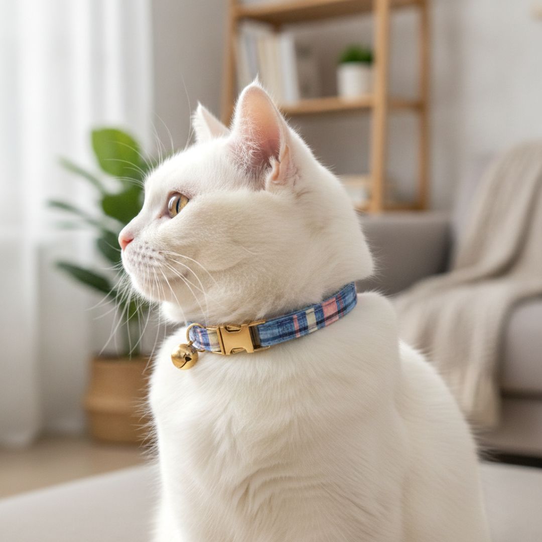 Blue checks Cat Collar with bell from Wags4Whiskers Pet Supplies India