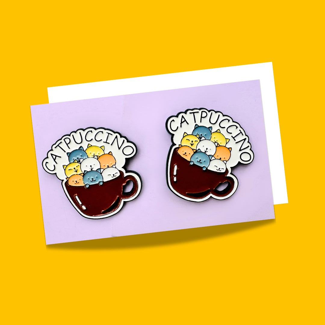 Catpuccino enamel lapel pins from Wags4Whiskers Pet Accessories Store India