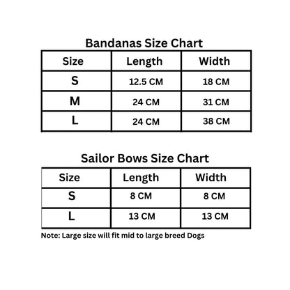 Size chart for Dog Bandanas and Sailor Bows from Wags4Whiskers Pet Store