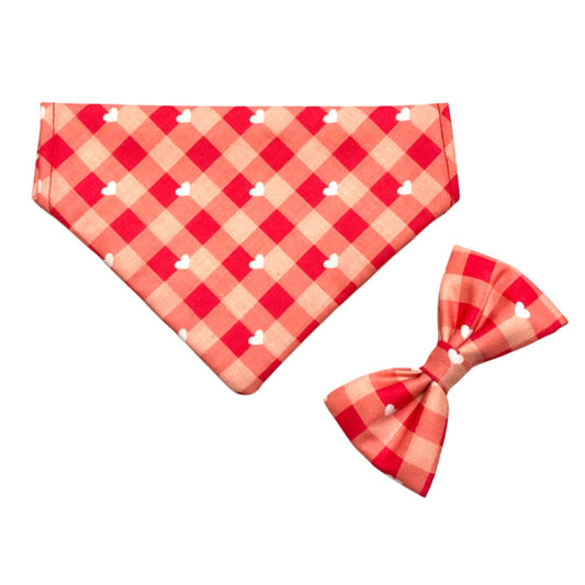 Red Plaid Style Bow And Bandana - Cat Combo